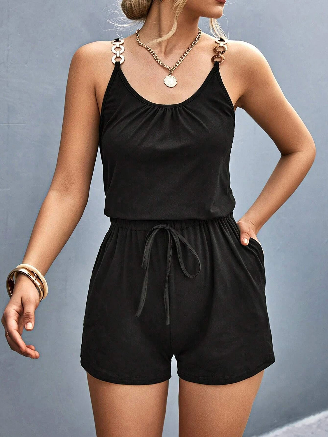Pocketed Buckle Trim Scoop Neck Romper Sunset and Swim Black S 
