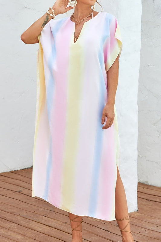 Sunset Vacation  Slit Striped Notched Short Sleeve Cover Up  Sunset and Swim Multicolor One Size 