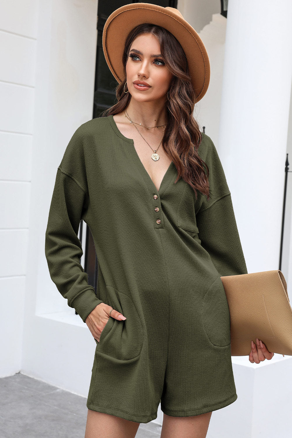Notched Neck Long Sleeve Romper Sunset and Swim Army Green S 