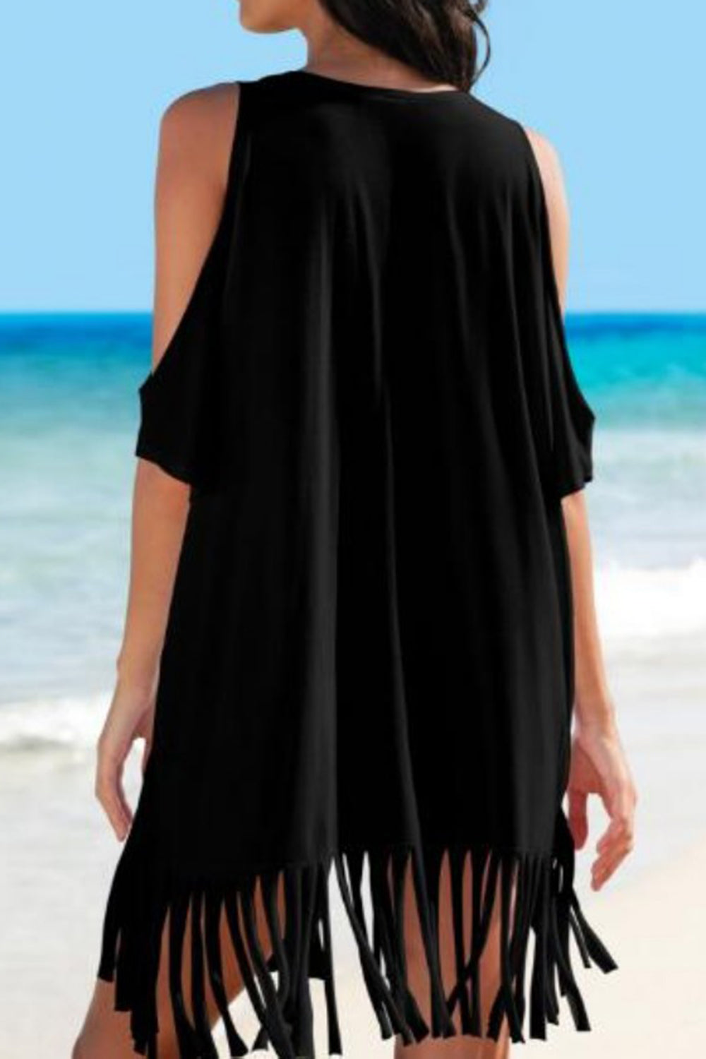 Sunset Vacation  Fringe V-Neck Cold Shoulder Cover Up  Sunset and Swim   