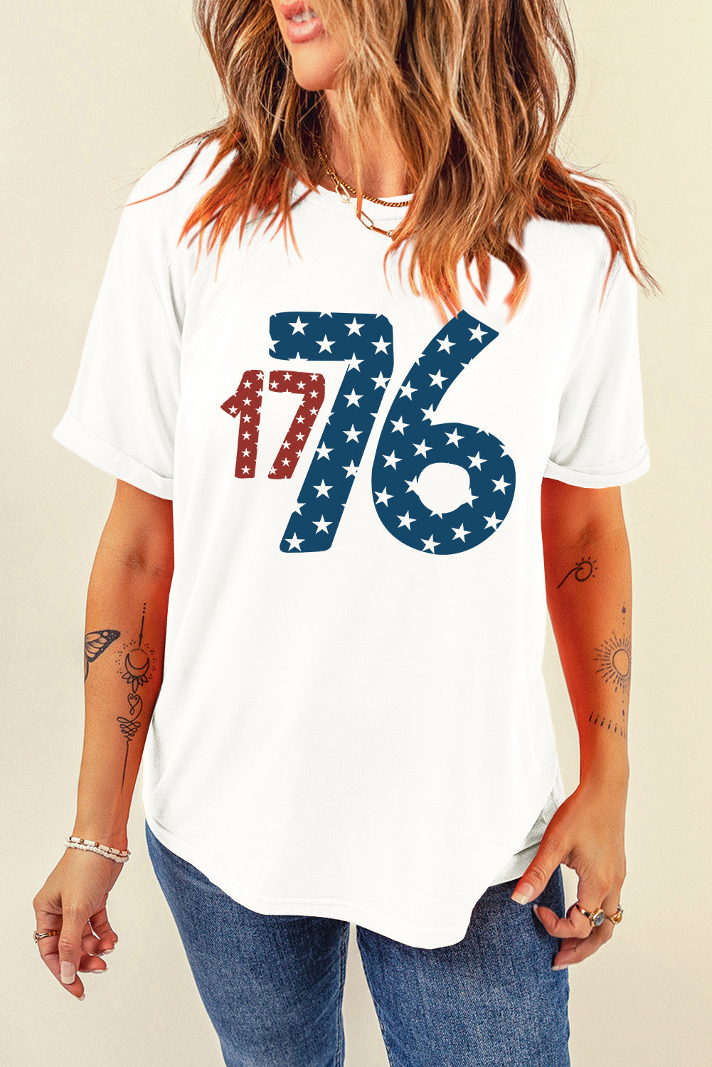 1776 Round Neck Short Sleeve T-Shirt Sunset and Swim White S 