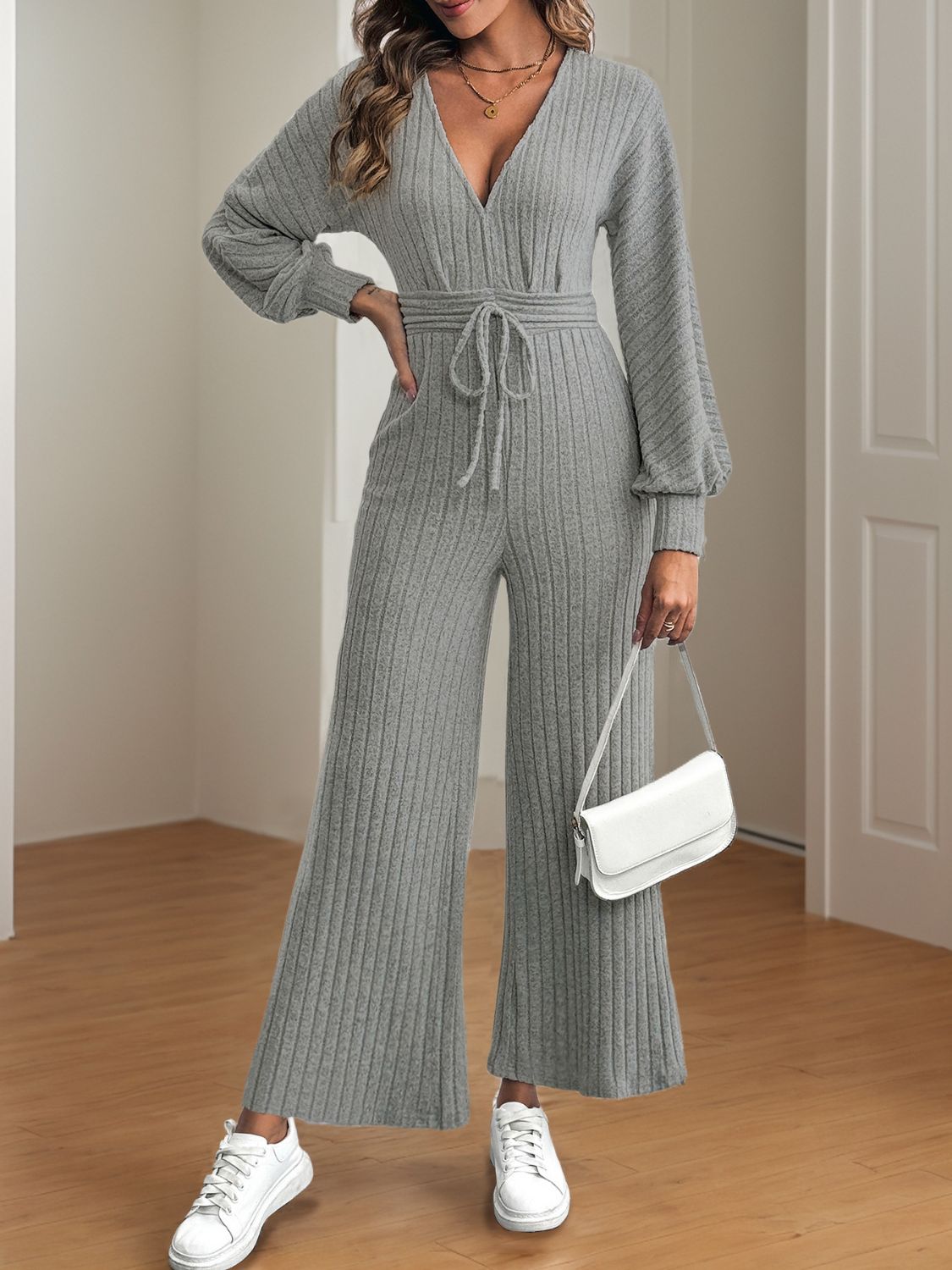 Sunset Vacation V-Neck Long Sleeve Wide Leg Jumpsuit Sunset and Swim   