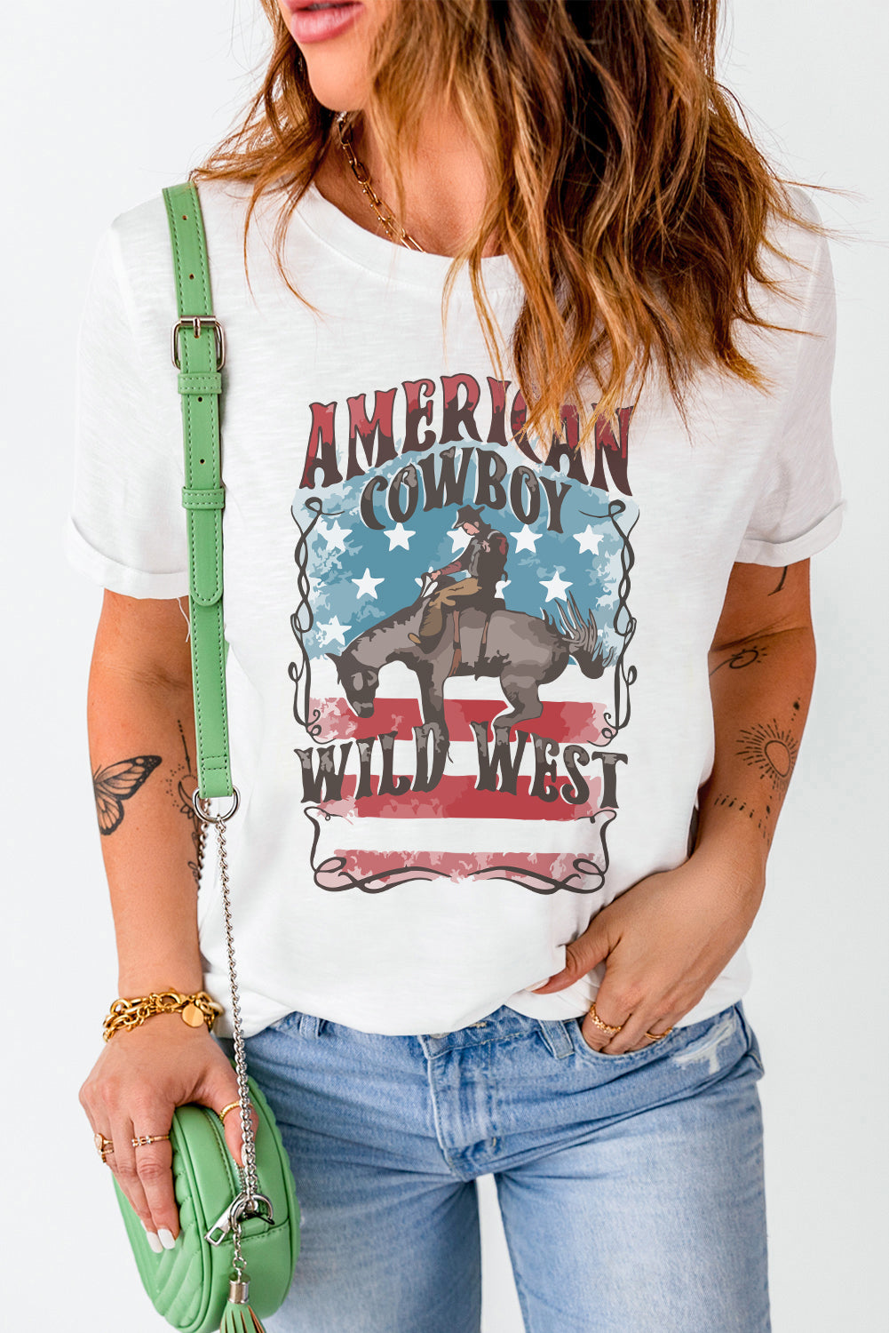 AMERICAN COWBOY WILD WEST Tee Shirt Sunset and Swim White S 