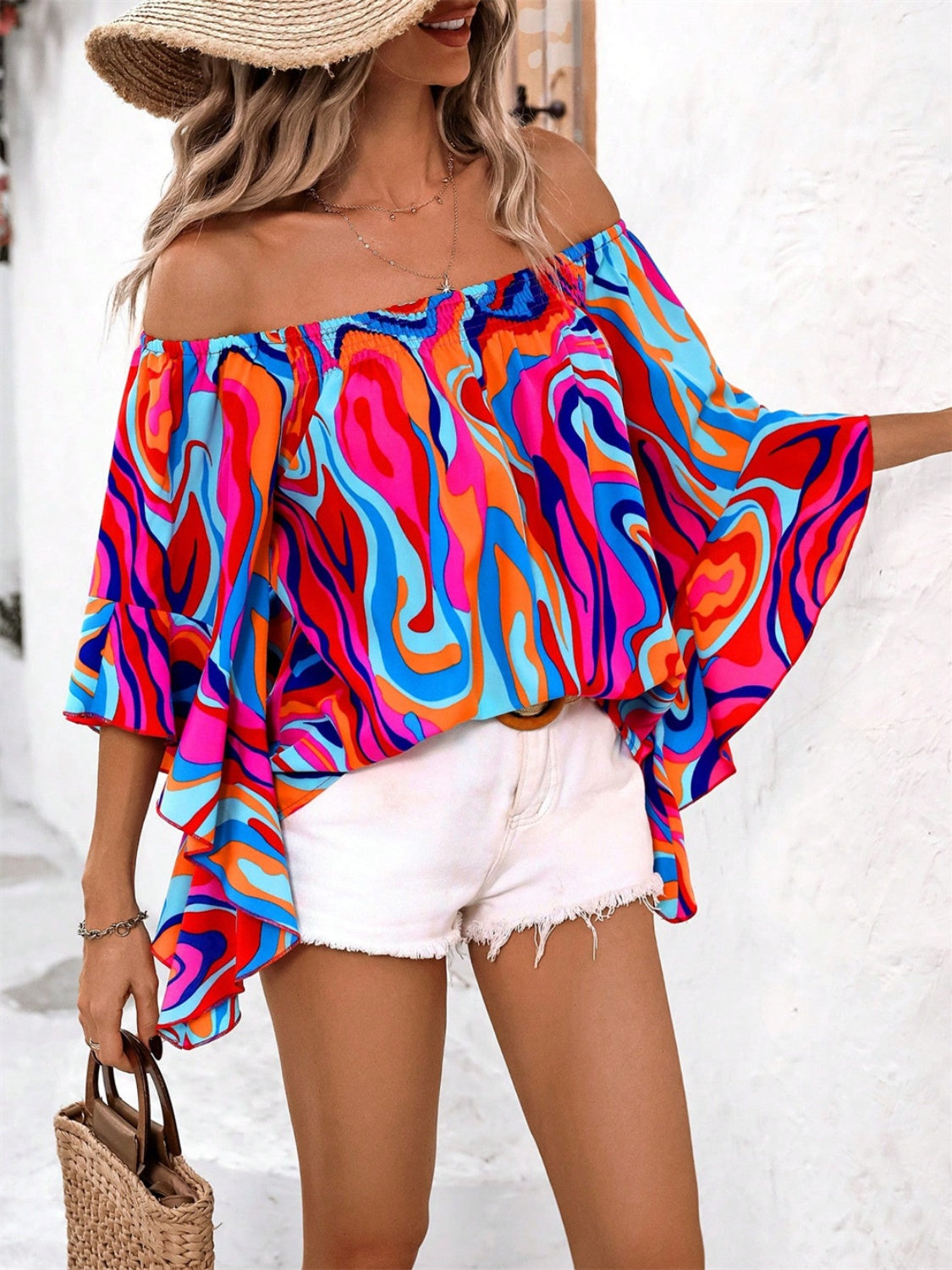 Printed Off-Shoulder Blouse Sunset and Swim   