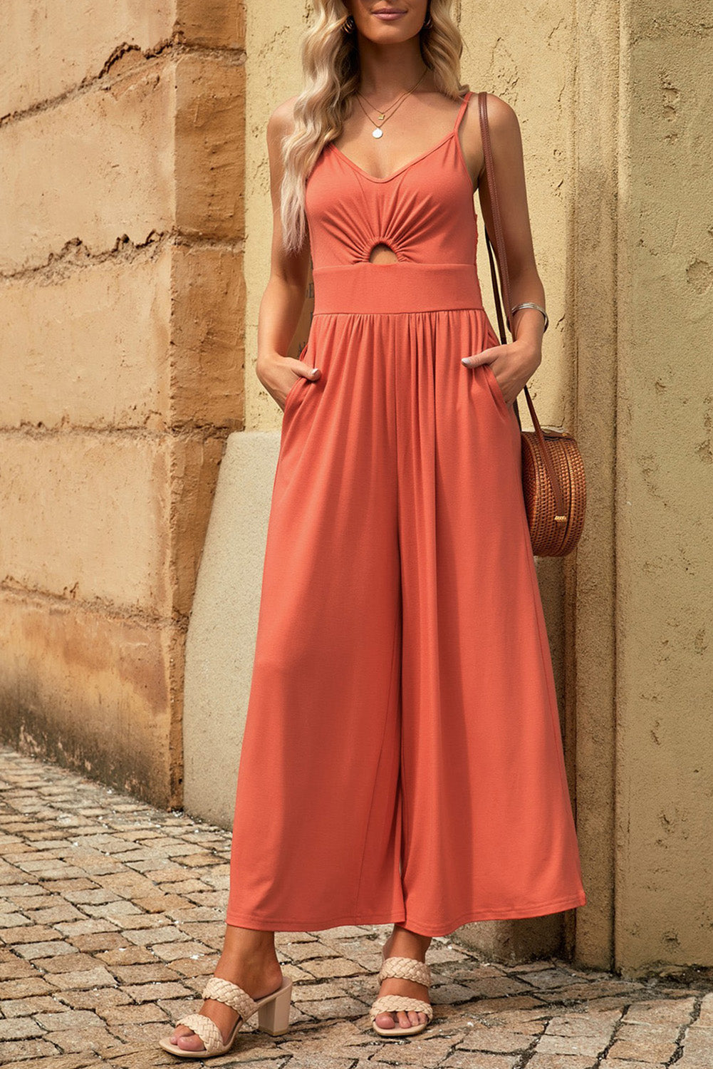 Smocked Spaghetti Strap Wide Leg Jumpsuit Sunset and Swim   