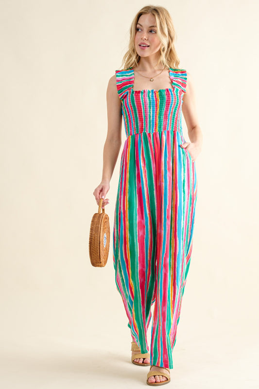 Sunset and Swim  And The Why Plus Size Striped Smocked Sleeveless Jumpsuit Sunset and Swim STRIPE S 