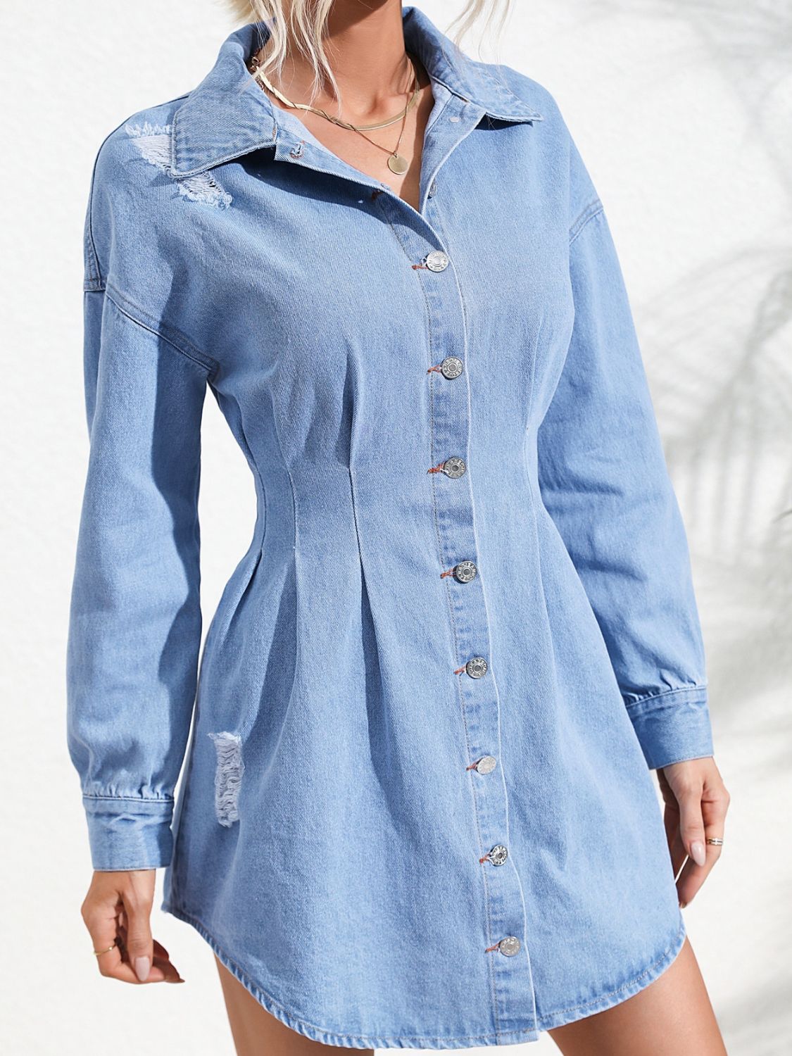 Distressed Button Up Long Sleeve Denim Dress Sunset and Swim   