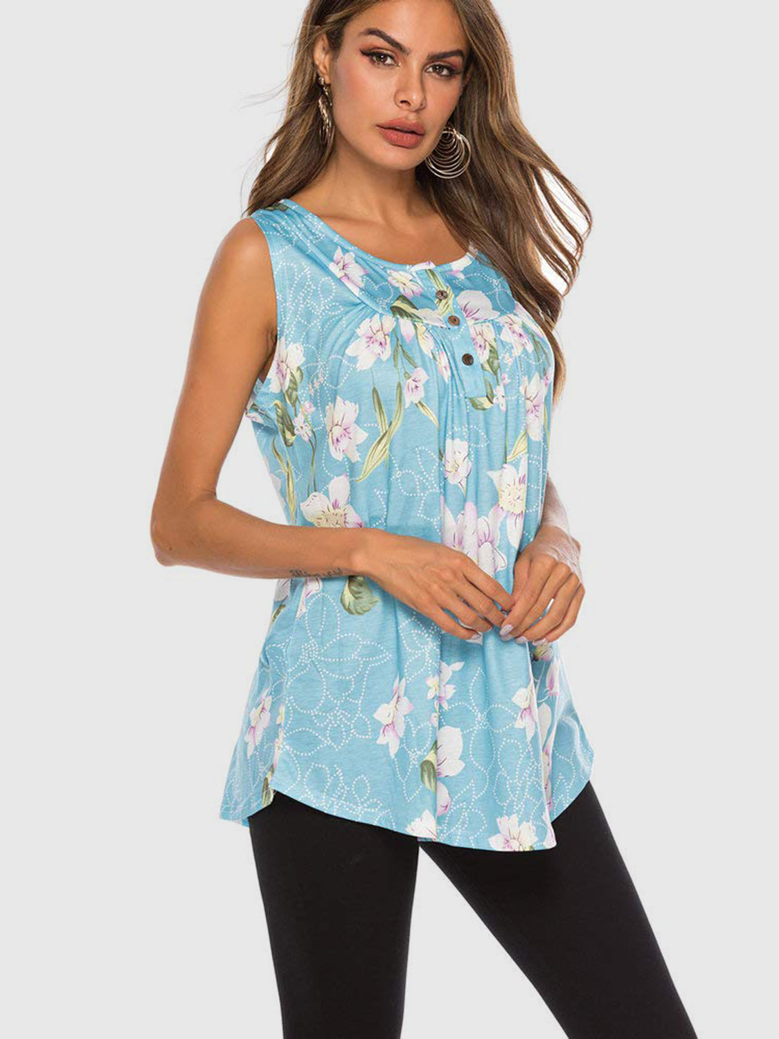 Sunset Vacation Flower Printed Round Neck Tank Sunset and Swim   