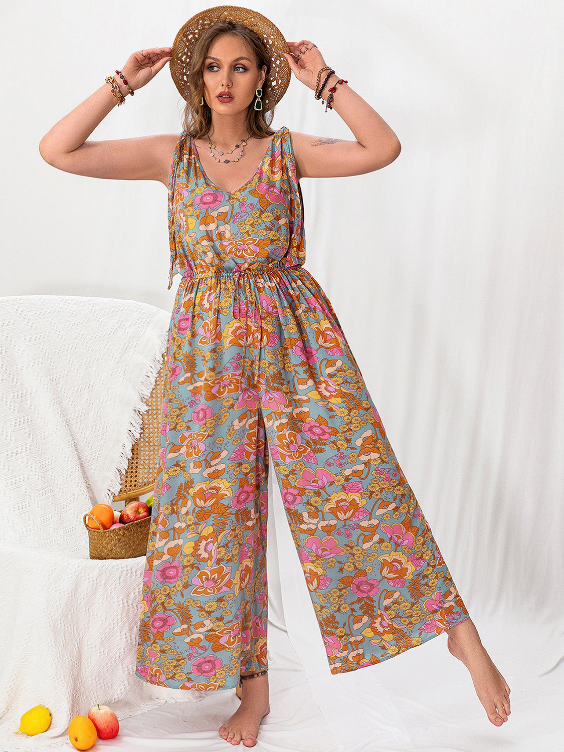 Plus Size Printed Wide Leg Sleeveless Jumpsuit Sunset and Swim Multicolor 0XL 
