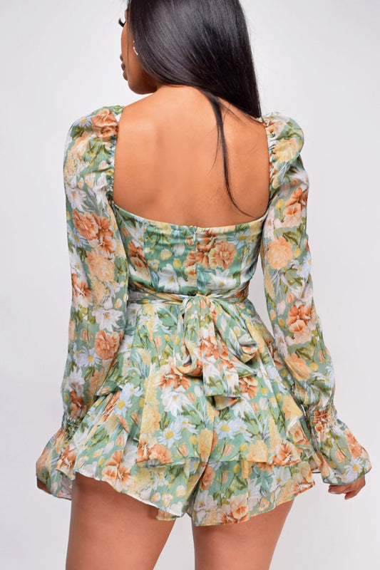 Floral Sweetheart Neck Flounce Sleeve Romper Sunset and Swim   