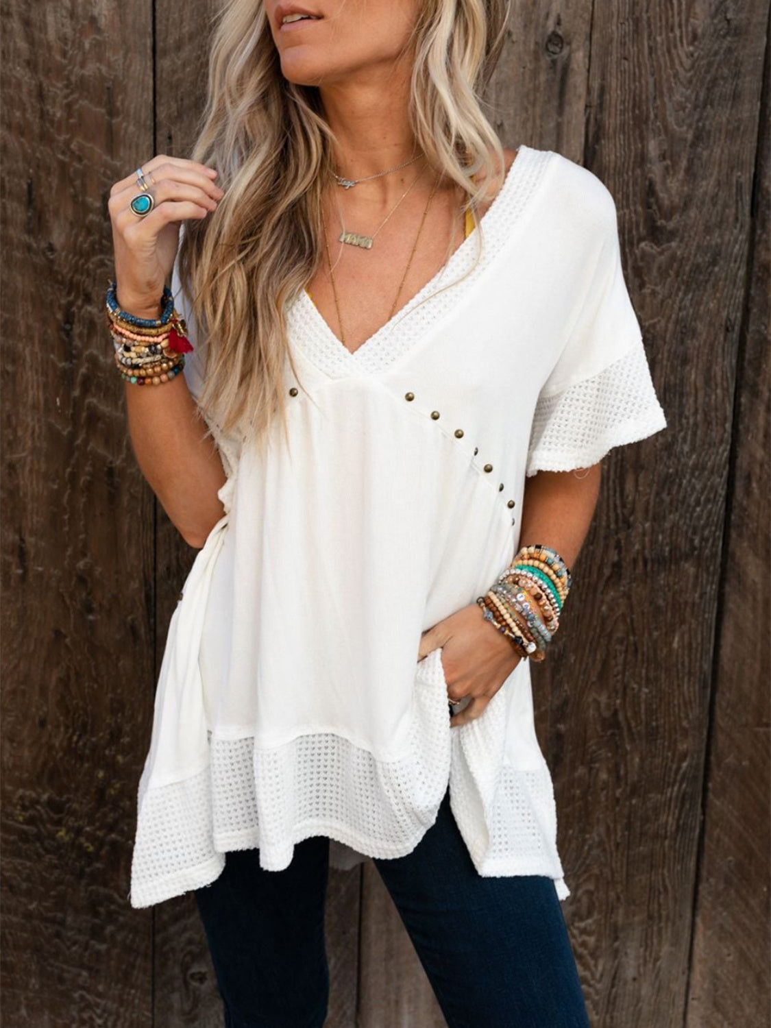 Studded V-Neck Half Sleeve Top Sunset and Swim   