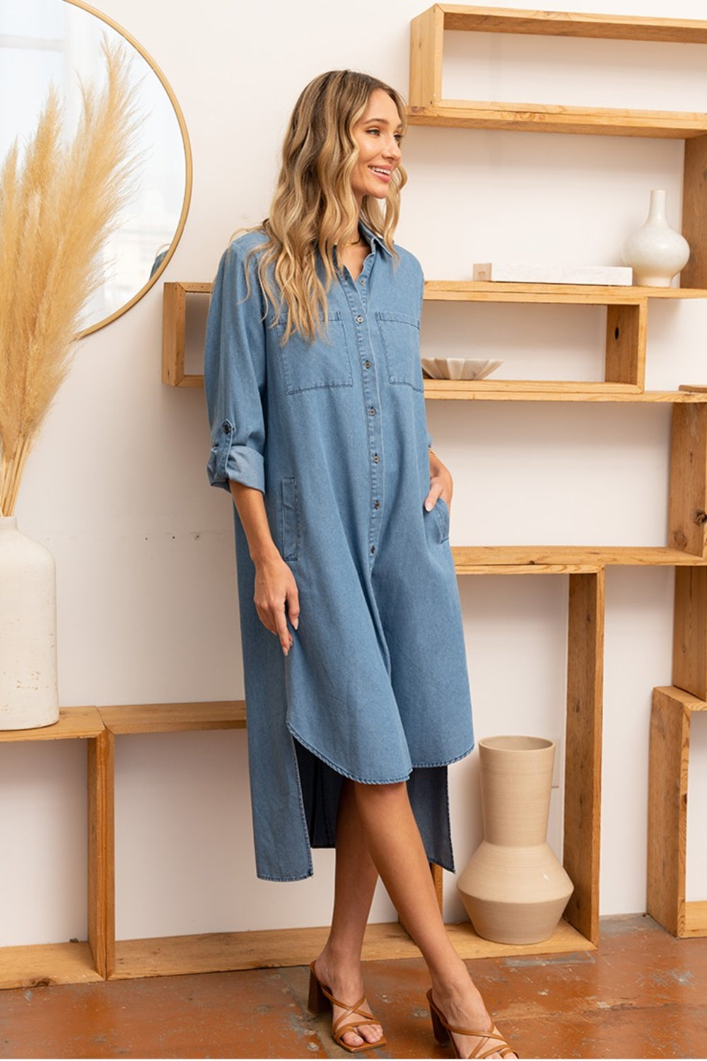 Sunset Vacation Sew In Love High-Low Button Up Roll-Tab Sleeve Denim Dress Sunset and Swim   
