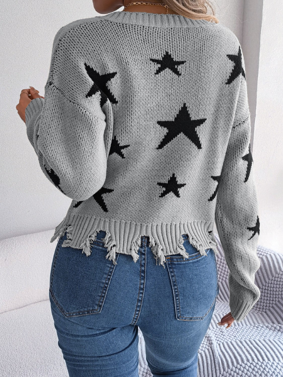 Star Pattern Distressed V-Neck Cropped Sweater Sunset and Swim   