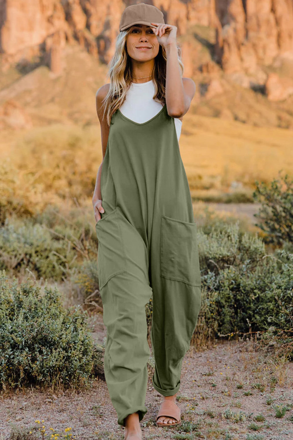 Sunset Vacation  Double Take Plus Size V-Neck Sleeveless Jumpsuit with Pockets  Sunset and Swim Army Green S 