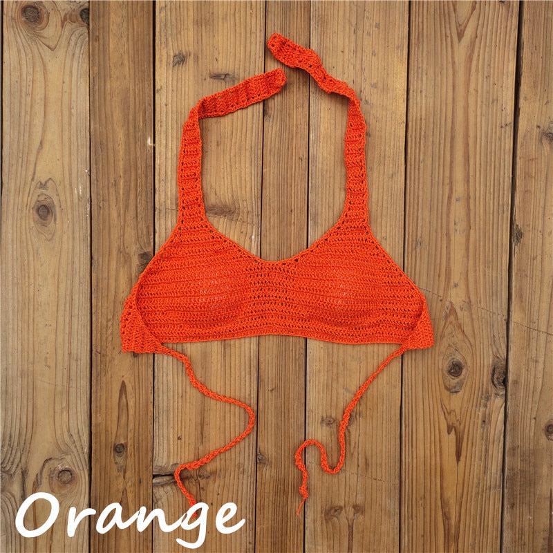 Cabana Push Up Knitted Crochet Halter Bikini Top  Sunset and Swim Orange S 
