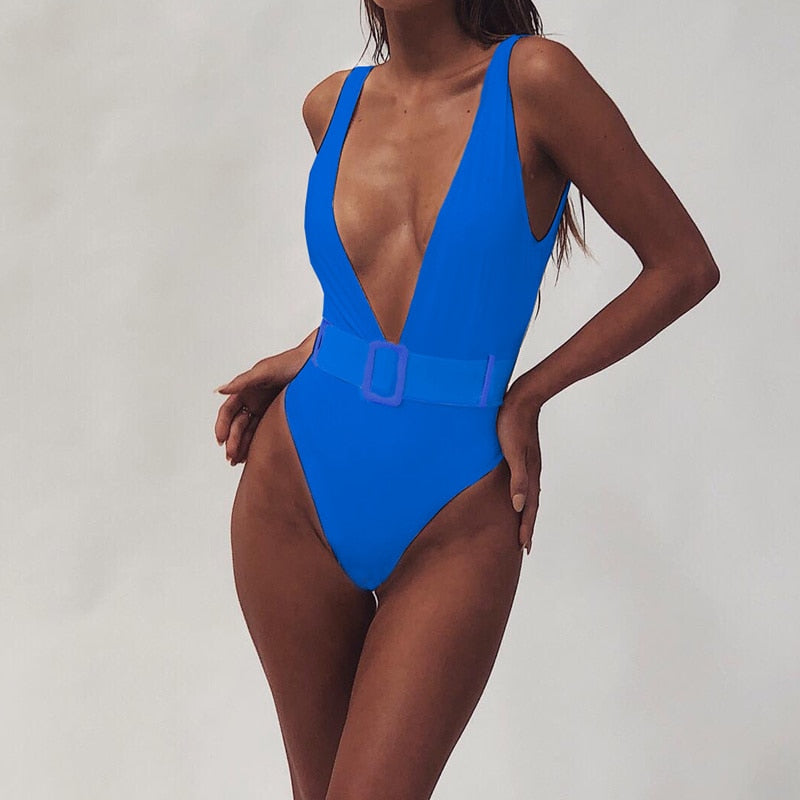 Luminescent Waves Belted Plunge Neon One Piece Swimsuit  Sunset and Swim Blue S 