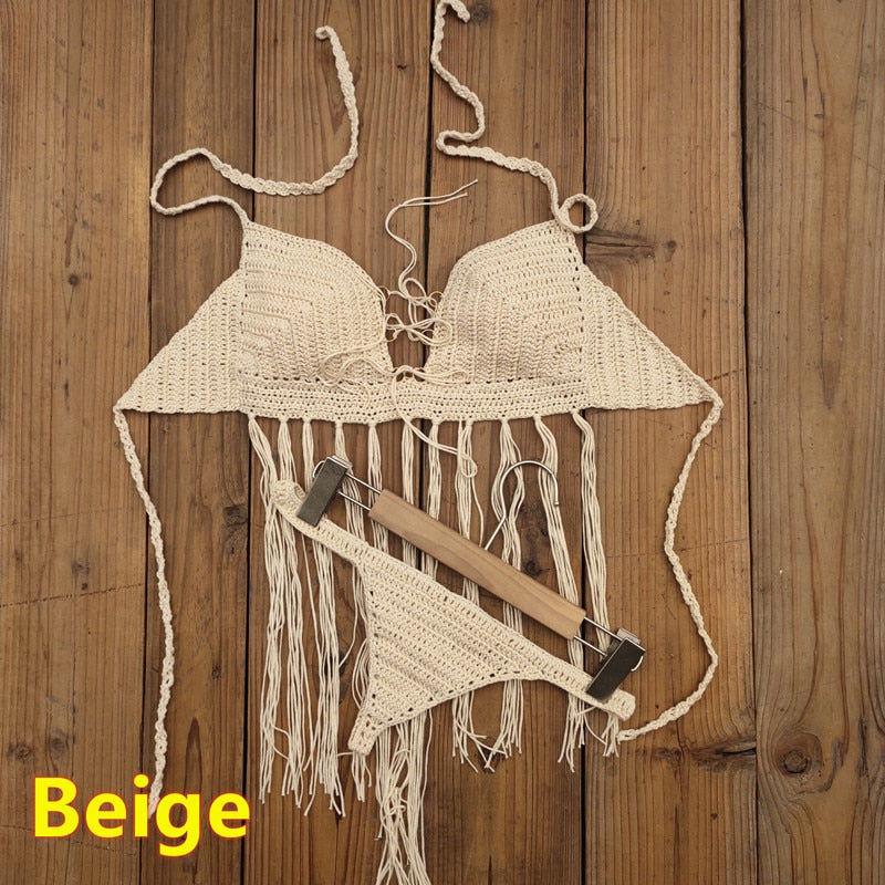 Bohemian Breeze 3-Piece Crochet Bikini Set with Tassel Skirt  Sunset and Swim Beige Set One Size 