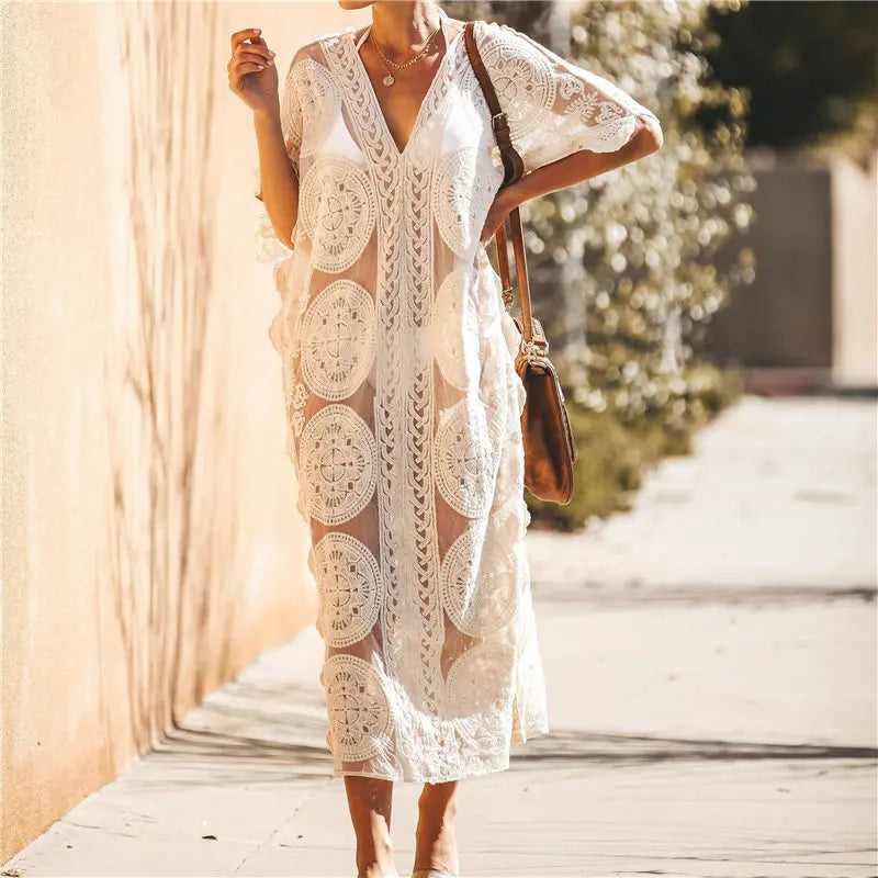 Savannah Lace Kaftan Beach Cover Up Sunset and Swim White One Size