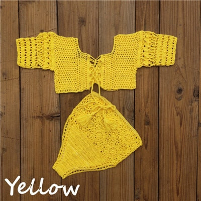 Exclusive Bohemian Handmade High Waist Bikini Set Sunset and Swim Yellow S 