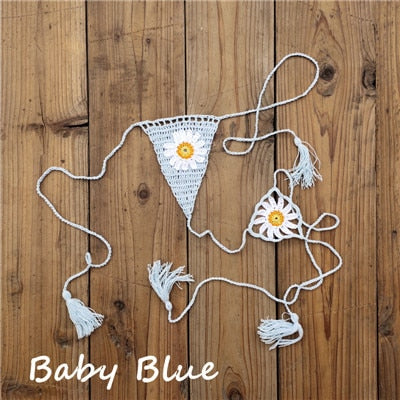 Sweet Sunflower Crochet Micro Thong String Bikini Bottom  Sunset and Swim Baby Blue S 