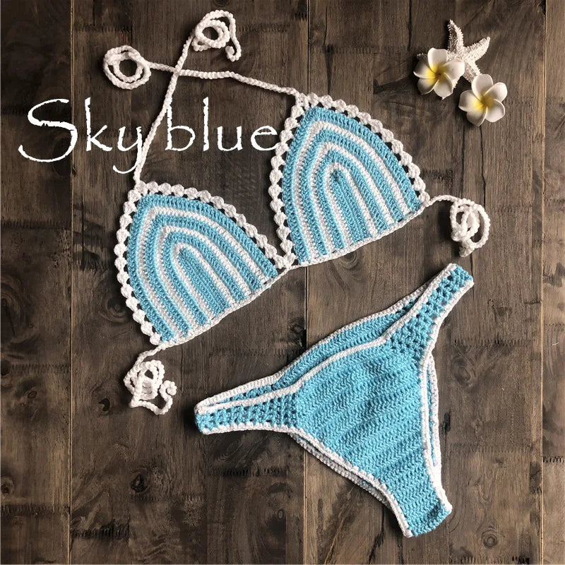 Paradise Perfection Crochet Triangle Bikini Set  Sunset and Swim Sky Blue S 