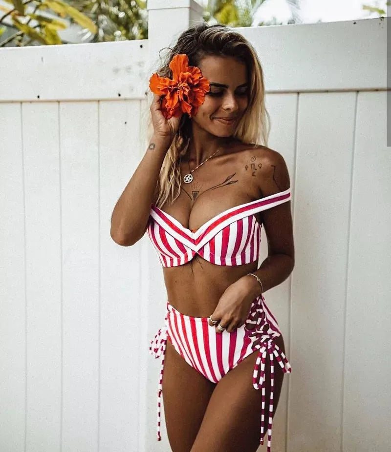 Summertime Sensation Striped High Waisted Cut Out Lace Up Tie Side Bikini  Sunset and Swim Red S 