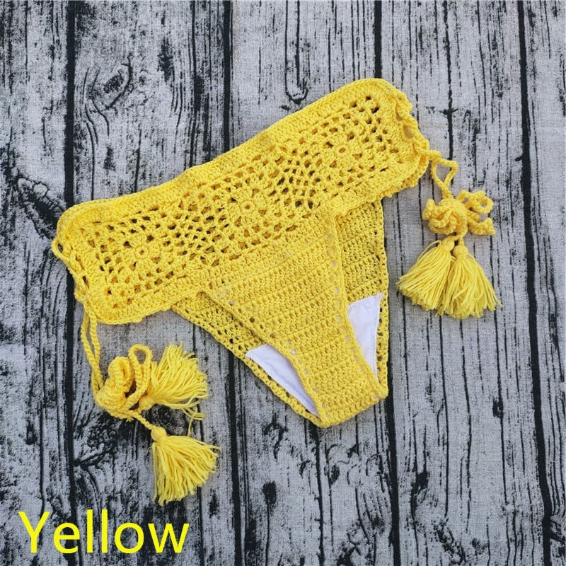 15 Color Women Openwork Mediterranean Grid Crochet Shorts Bikini Bottom Tassel Casual Beach Bandage Hot Pants Sunset and Swim Yellow S 