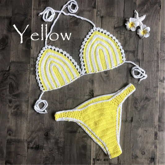 Paradise Perfection Crochet Triangle Bikini Yellow Set  Sunset and Swim Yellow S 