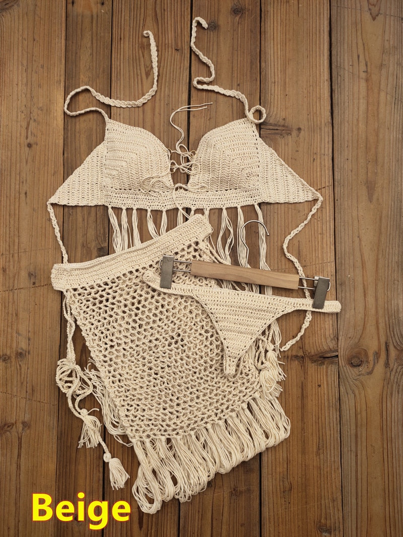Bohemian Breeze 3-Piece Crochet Bikini Set with Tassel Skirt  Sunset and Swim 3piece set Beige One Size 