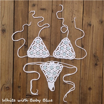Crochet See Through Micro Extreme Mini String Bikini  Sunset and Swim White/Baby Blue One Size 