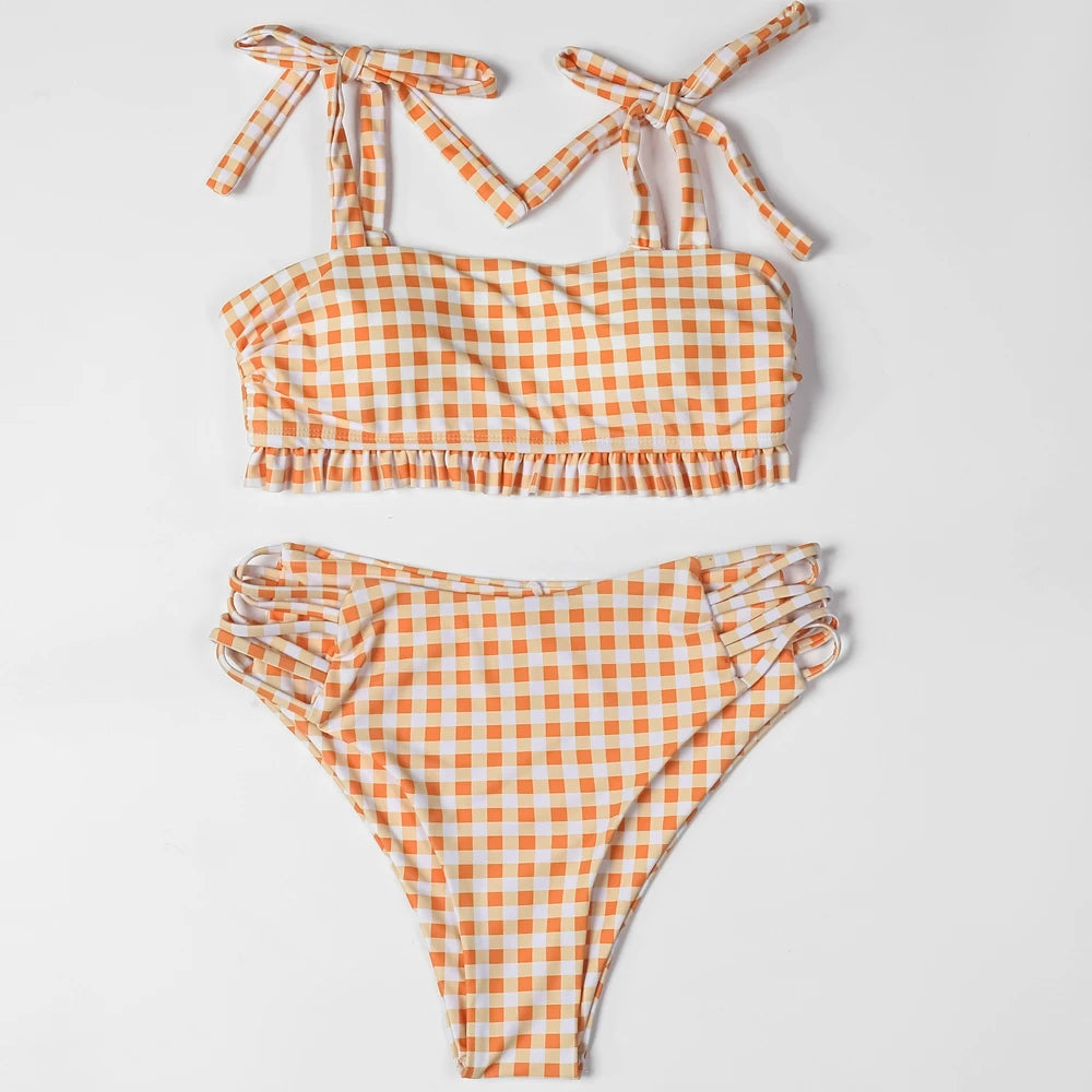Vintage Vibes Gingham Plaid High Waisted Two-Piece Bikini  Sunset and Swim Orange S 
