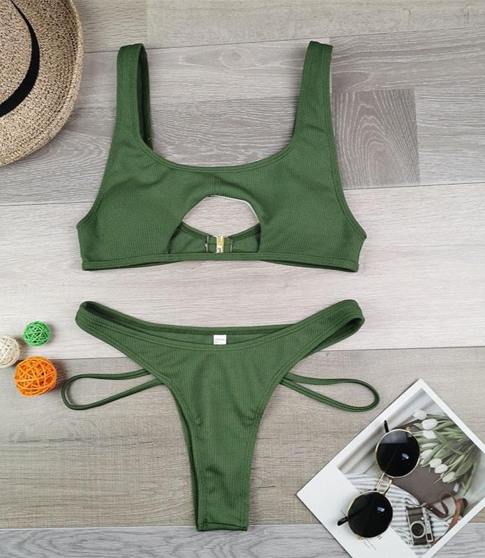 Endless Summer Cut Out Underboob Bikini Sunset and Swim Army Green S 