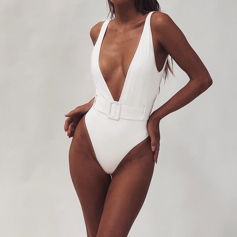 Luminescent Waves Belted Plunge Neon One Piece Swimsuit  Sunset and Swim White S 