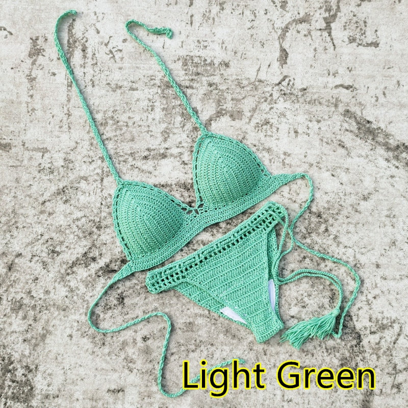 Boho Beach Beauty Handmade Crochet Bikini  Sunset and Swim Light Green S 