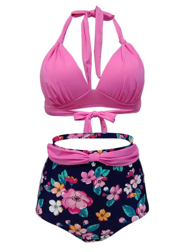 Retro Queen Halter High Waist Bikini Sunset and Swim Pink S 