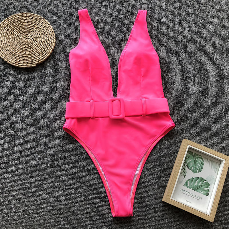 Luminescent Waves Belted Plunge Neon One Piece Swimsuit  Sunset and Swim   