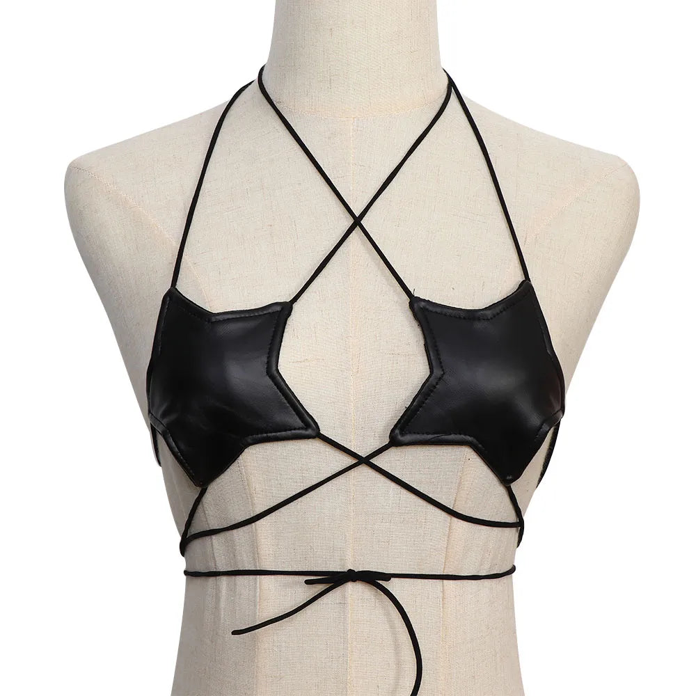 Leather Star Strappy Star Shape Bra Bustier Crop Top Sunset and Swim Black  