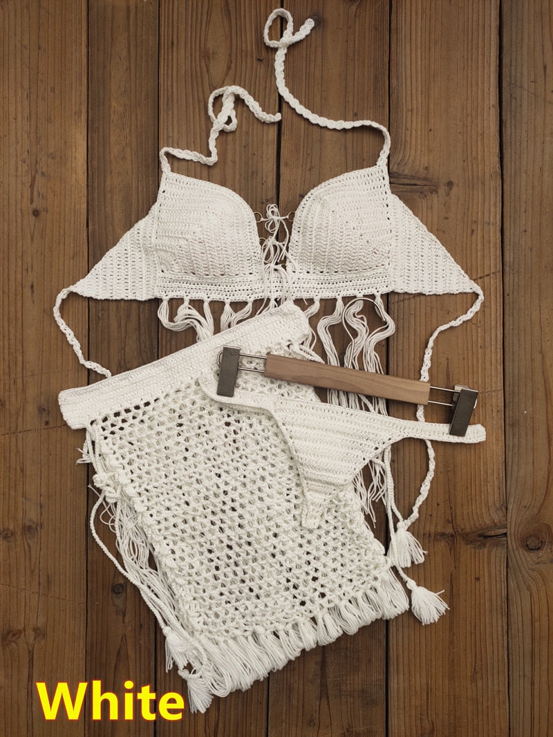Bohemian Breeze 3-Piece Crochet Bikini Set with Tassel Skirt  Sunset and Swim 3piece set White One Size 