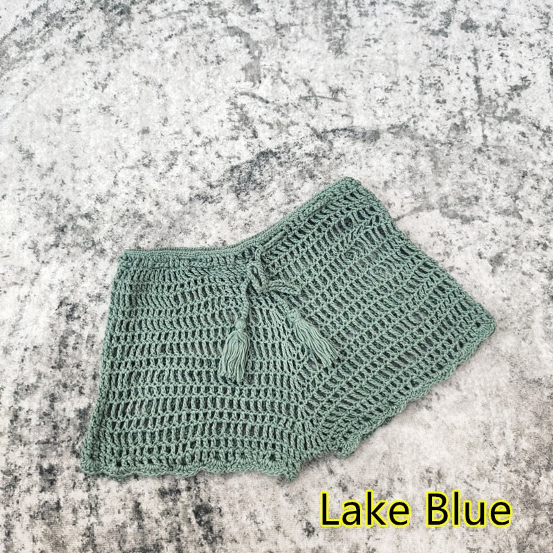 Seaside Chic Handmade Crochet Shorts Sunset and Swim Lake Blue S 