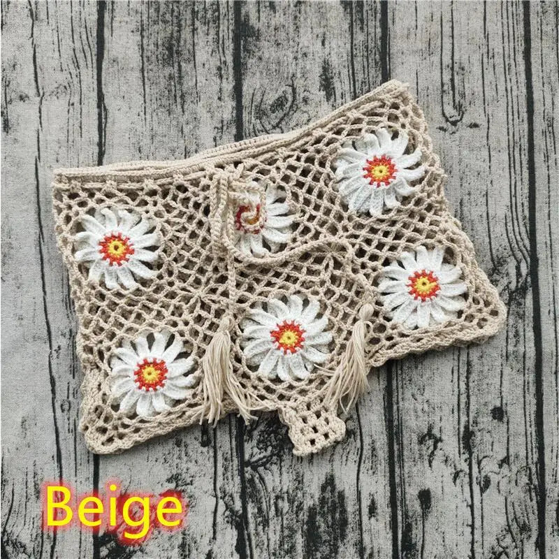 Sunflower Stunner Handmade Boho Crochet Shorts Set Sunset and Swim Beige Shorts S 