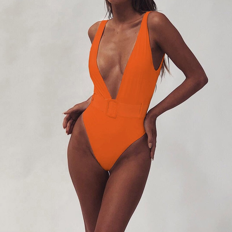 Luminescent Waves Belted Plunge Neon One Piece Swimsuit  Sunset and Swim Orange S 