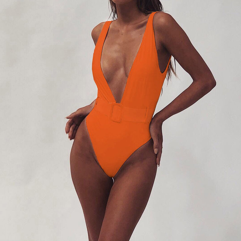 Luminescent Waves Belted Plunge Neon One Piece Swimsuit  Sunset and Swim   