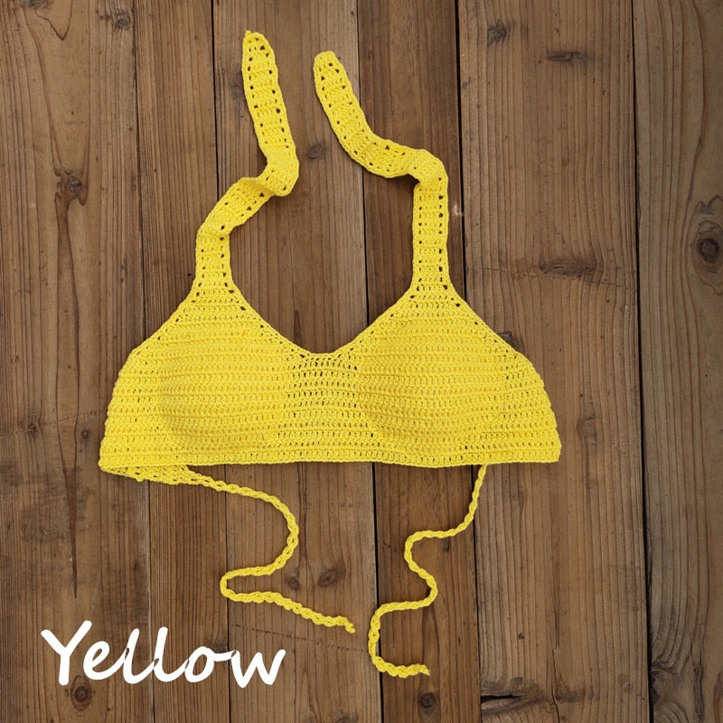 Cabana Push Up Knitted Crochet Halter Bikini Top  Sunset and Swim Yellow S 
