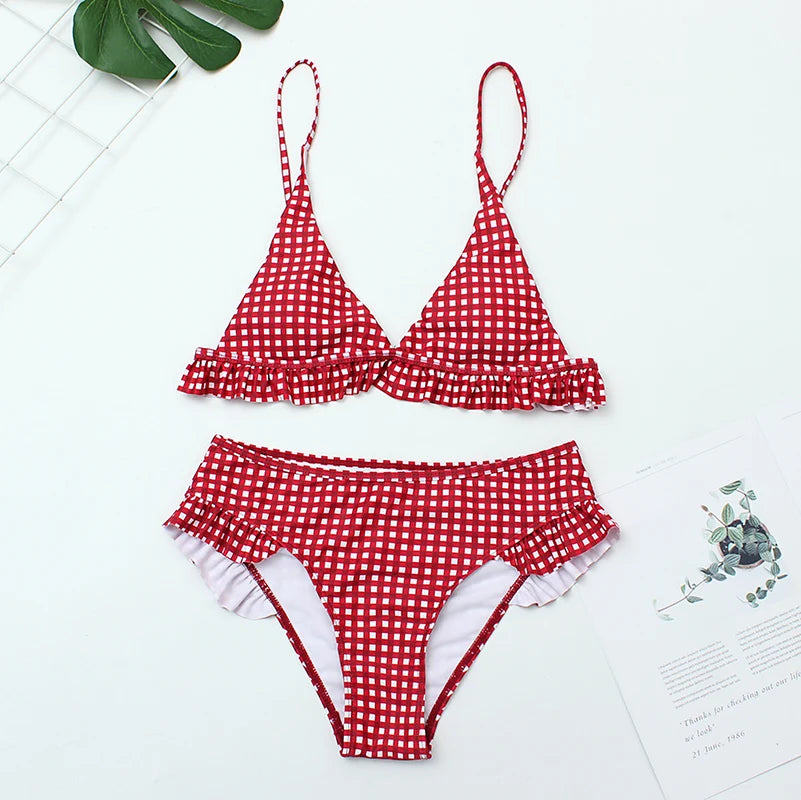 Sunset and Swim Preppy Plaid Ruffle Bikini Sunset and Swim Red S