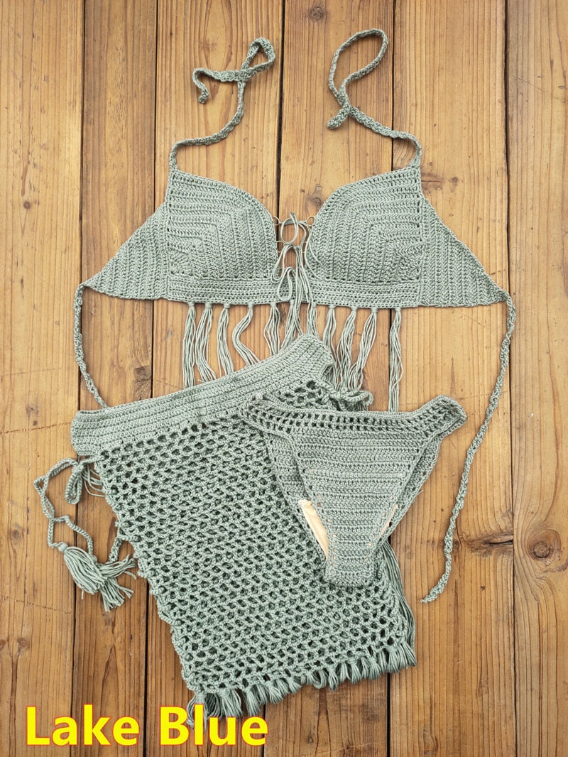 Bohemian Breeze 3-Piece Crochet Bikini Set with Tassel Skirt  Sunset and Swim 3 piece Lake Blue One Size 