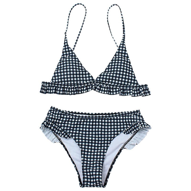 Summer New Plaid Sexy Bikini Set Push Up Ruffles Padded Swimwear Bikini Women Bathing Suit Beachwear Swimming Suit Set Sunset and Swim   