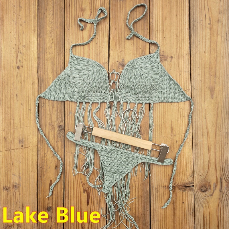Bohemian Breeze 3-Piece Crochet Bikini Set with Tassel Skirt  Sunset and Swim Lake Blue Set 1 One Size 