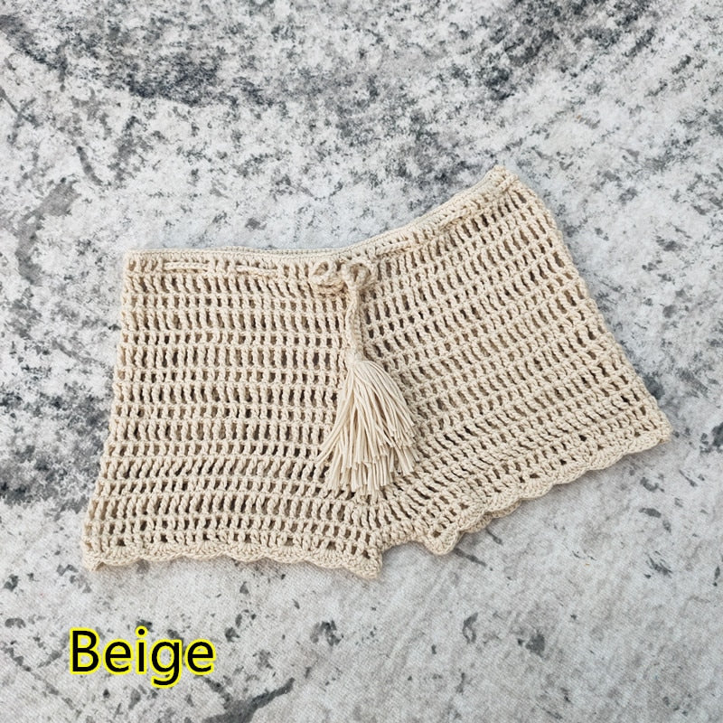Seaside Chic Handmade Crochet Shorts Sunset and Swim Beige S 