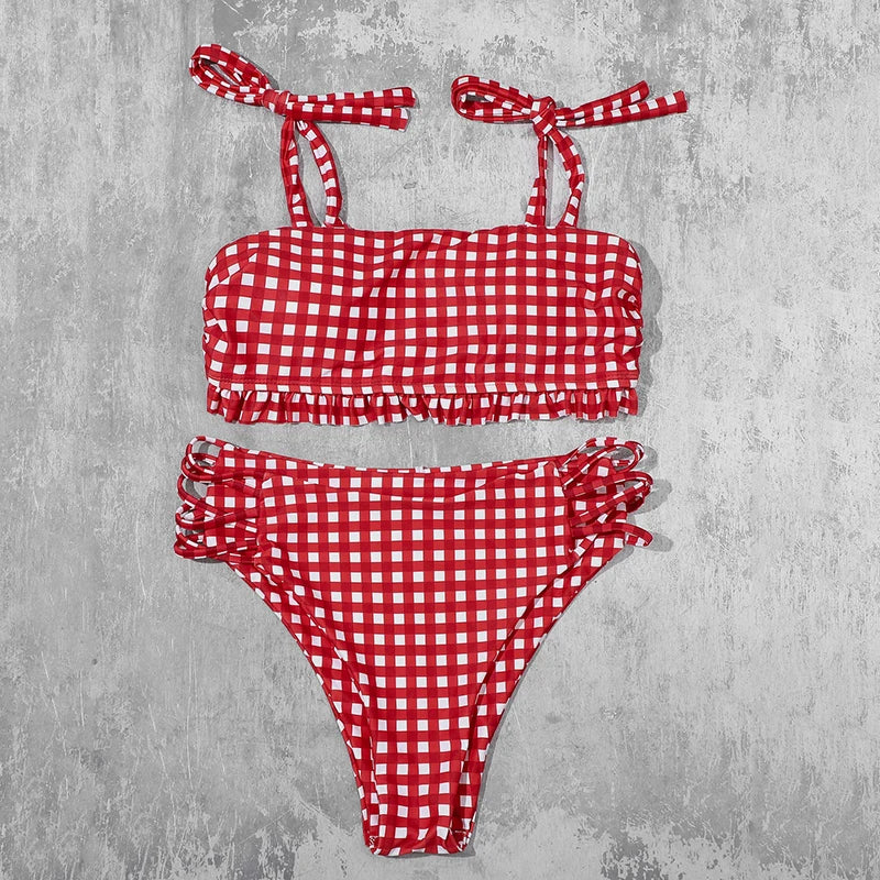Vintage Vibes Gingham Plaid High Waisted Two-Piece Bikini  Sunset and Swim Red S 