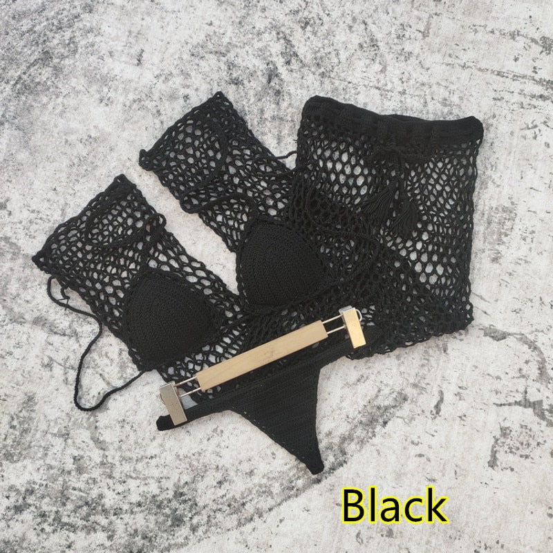 Sultry Sands 3-Piece Crochet Beach Pants Cover Up Bikini Set  Sunset and Swim 3Piece Set Black S 